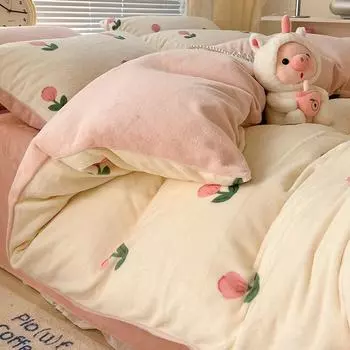 Зимний утолщенный молочный бархатный комплект из четырех предметов плюс бархатное теплое коралловое бархатное пододеяльник, фланелевая простыня, пододеяльник, постельное белье 0.9m bed sheet 3pcs