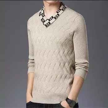 Зимний утолщенный теплый свитер, мужская мода, индивидуальный V-образный вырез, имитация норки, мужской вязаный свитер, однотонная нижняя рубашка M тёмно-синий