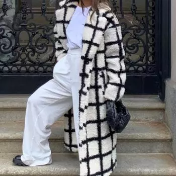 Зимний утолщенный теплый женский плащ большого размера в клетку, куртка средней длины, свободное пальто S