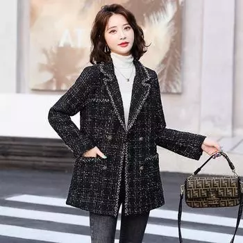 Зимний утолщенный воротник темно-синего цвета, воротник для пригородного костюма, облегающий крой, в клетку, облегающий крой, без пояса S