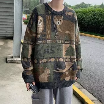 Зимний винтажный свитер для мужчин с милым японским медведем, женский вязаный свитер, пуловер в стиле хип-хоп, уличная одежда в стиле Харадзюку для мужчин, топы S абрикосовый