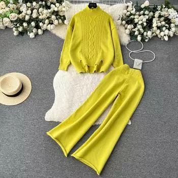 Зимний винтажный вязаный свитер и брюки, комплект из 2 предметов, женский утепленный спортивный костюм, пуловер + брюки до щиколотки, наряды One Size жёлтый