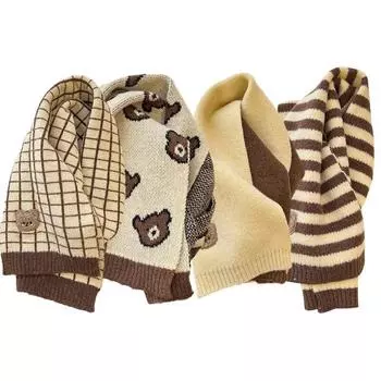 Зимний вязаный детский шарф, шерстяные шарфы в полоску с рисунком медведя для девочек и мальчиков, теплые шарфы на шею, детские аксессуары, От 3 до 8 лет 140X19cm