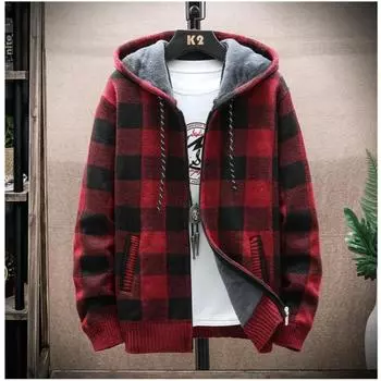 Зимний вязаный кардиган мужской свитер куртка мужской свободный клетчатый свитер с длинным рукавом теплые куртки M синий