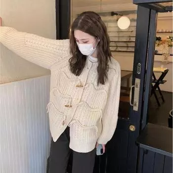 Зимний вязаный кардиган с коровьим рогом и пуговицами, свитер, пальто, женский свободный мягкий топ, модный свитер с длинными рукавами и круглым вырезом, кардиганы