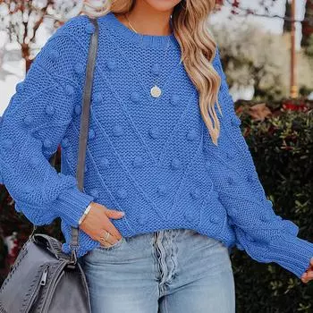 Зимний вязаный свитер, свободный свитер с длинными рукавами, женский однотонный топ с круглым вырезом L чёрный