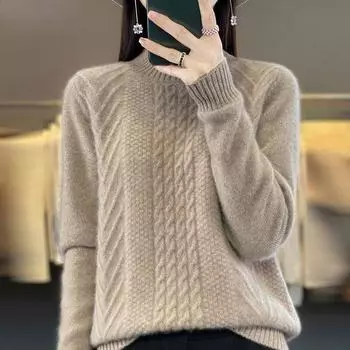 Зимний вязаный женский розовый свитер, толстый вязаный базовый свитер с витым цветком S розовый