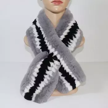 Зимний вязаный женский теплый шарф из натурального меха кролика рекс, толстые и мягкие шарфы из натурального меха кролика рекс, женские глушители из 100% натурального меха 95cm x 14cm серый/чёрный