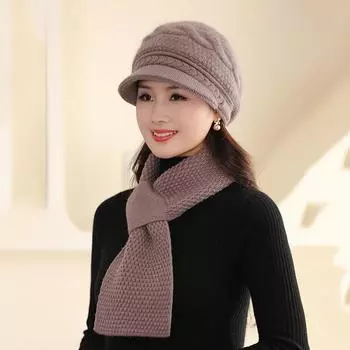 Зимний вязаный женский толстый шарф, теплая кроличья меховая лыжная шапка, комплект для верховой езды