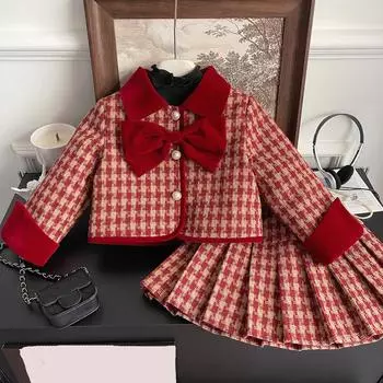 Зимний выпуск для девочек Красный сетчатый комплект с бантом из двух предметов для малышей из хлопка 140cm красный
