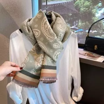 Зимний зеленый шарф из искусственного кашемира, женский платок с принтом, двусторонний теплый шарф двойного назначения зелёный