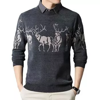 Зимний жаккардовый свитер из двух частей с имитацией оленя, интегрированный флисовый мужской трикотажный свитер с воротником-стойкой M серый