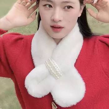 Зимний жемчужный шарф из меха кролика Рекс, мохнатый, утолщенный, теплый, корейская версия, шарф для девочек, меховой шарф с крестиком