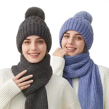 Зимний женский бархатный трикотажный комплект из шапки и шарфа Twist Ball для езды на велосипеде, теплый комплект из двух частей белый