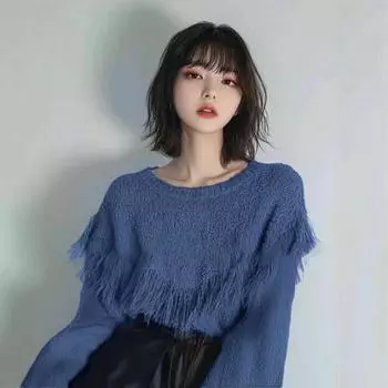 Зимний женский дизайн Niche Absolutely Beautiful Temperament Круглый вырез с бахромой Трикотаж S синий