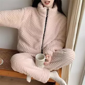 Зимний женский флисовый пижамный комплект с длинным рукавом, женская пижама, 2 шт., брюки на молнии, теплая однотонная домашняя одежда для женщин M