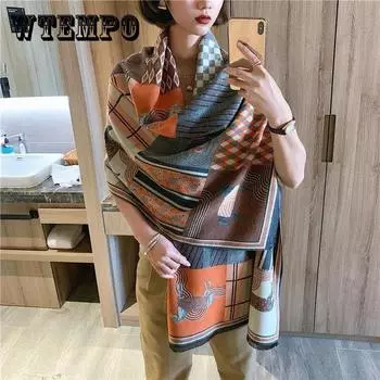 Зимний женский кашемировый шарф, объемная шаль с двусторонним принтом, удлиненный толстый шарф, шаль