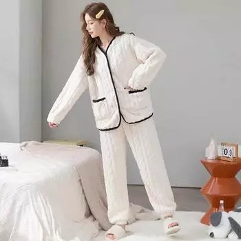 Зимний женский комплект из двух предметов, пижамный костюм, утолщенный плюшевый однобортный пиджак с V-образным вырезом и длинными рукавами, свободные брюки с эластичной резинкой на талии XXL бежевый