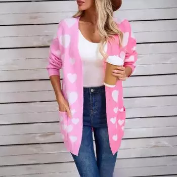 Зимний женский лоскутный трикотажный длинный кардиган с карманом на День святого Валентина Love Sweater S чёрный