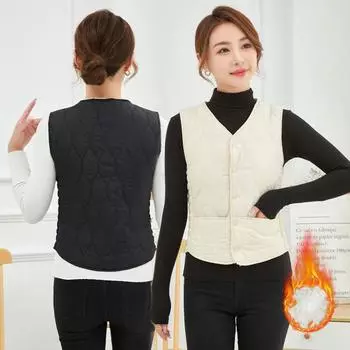 Зимний женский многослойный жилет, пальто, тонкий, с застежкой на пуговицы, с V-образным вырезом, без рукавов, однотонный, ветрозащитный, сохраняющий тепло, для улицы, пух C M серый
