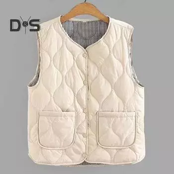 Зимний женский многослойный жилет с сумкой для хранения, тонкий, с подкладкой, застежка на кнопки, V-образный вырез, без рукавов, однотонный, ветрозащитный, сохраняющий тепло, для улицы, пух 2XL бежевый