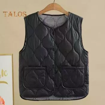 Зимний женский многослойный жилет с сумкой для хранения, тонкий, с подкладкой, застежка на кнопки, V-образный вырез, без рукавов, однотонный, ветрозащитный, сохраняющий тепло, для улицы, пух 2XL чёрный
