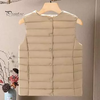 Зимний женский многослойный жилет с сумкой для хранения, тонкий, с застежкой на пуговицы, с круглым вырезом, без рукавов, однотонный, ветрозащитный, сохраняющий тепло, для отдыха на природе, пух M белый