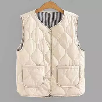 Зимний женский многослойный жилет с сумкой для хранения, тонкий, с подкладкой, застежка на кнопки, V-образный вырез, без рукавов, однотонный, ветрозащитный, сохраняющий тепло, для улицы, пух 2XL бежевый