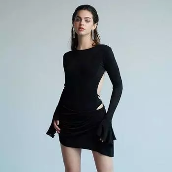 Зимний женский модный тренд с круглым вырезом и длинным рукавом, сексуальный цельный костюм с бретелькой через шею S чёрный