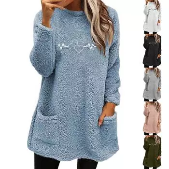 Зимний женский новый свитер с принтом любви, круглым вырезом, свободным длинным рукавом и карманом, плюшевый свитер для женщин L армия зеленый