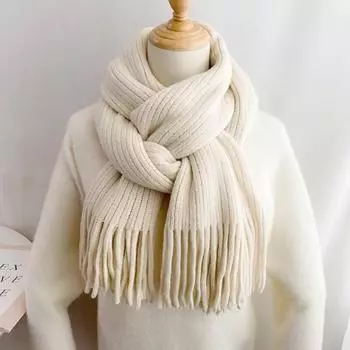 Зимний женский однотонный белый шарф с кисточками из шерсти премиум-класса двойного назначения ручной вязки One size белый
