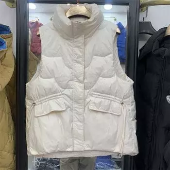 Зимний женский однотонный теплый жилет без рукавов с воротником-стойкой, женское свободное шикарное белое пальто на утином пуху, куртка OneSize бежевый