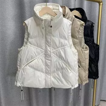 Зимний женский однотонный теплый жилет без рукавов с воротником-стойкой и воротником-стойкой, свободное шикарное белое пальто на утином пуху One Size бежевый