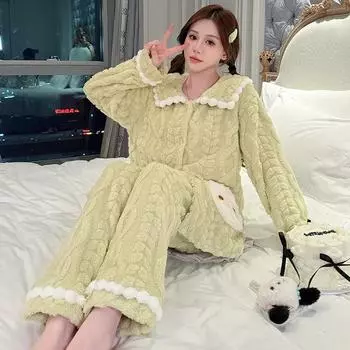 Зимний женский пижамный комплект больших размеров, милая фланелевая домашняя одежда, теплая пижама из кораллового флиса с утолщенной флисовой подкладкой M