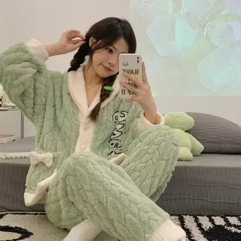 Зимний женский пижамный комплект из 2 предметов, флис, теплый, с длинным рукавом, с брюками, отложным воротником, плотный пижамный костюм для женщин M зелёный