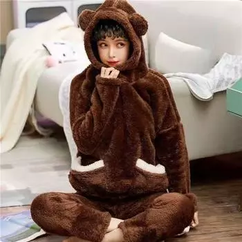 Зимний женский пижамный комплект Kawaiii Bear, пижамные комплекты, плотная пижама, фланелевая, кораллового цвета, бархатная, с длинным рукавом, домашняя одежда M бежевый