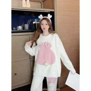 Зимний женский пижамный комплект с кроликом из кораллового бархата, теплый, удобный и милый для дома и улицы M белый