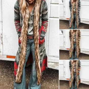 Зимний женский плащ с принтом и капюшоном, разделенное пальто, винтажное длинное пальто с воротником из искусственного меха в этническом стиле 2XL серый