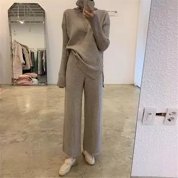 Зимний женский повседневный спортивный комплект из двух предметов, однотонный шерстяной вязаный свитер с высоким воротником, широкие брюки, модный женский офисный женский костюм