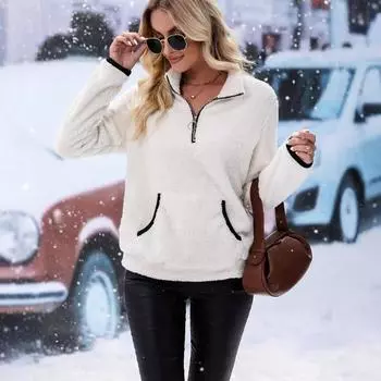 Зимний женский повседневный свитер с длинными рукавами и полумолнией, с однотонным воротником S