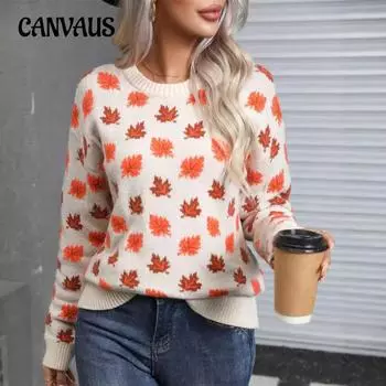Зимний женский рождественский свитер с круглым вырезом и принтом кленового листа, вязаный свитер снизу S грязно-белый