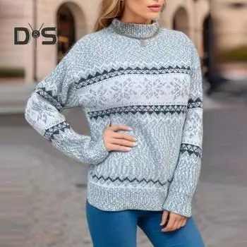 Зимний женский рождественский свитер с полувысоким воротником, цветной узор в виде снежинок, длинный рукав, трикотаж, толстый теплый новогодний свитер S светло-синий