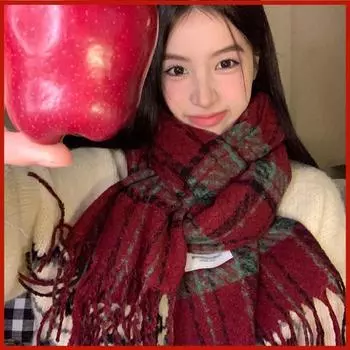 Зимний женский шарф из искусственного кашемира в клетку с кисточками, универсальная теплая шаль в стиле ретро для пар, контрастный цвет, студенческий шарф 200*40cm