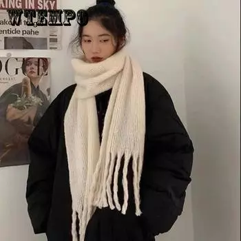 Зимний женский шарф, модный однотонный вязаный шарф с кисточками, удлиненный толстый шарф двойного назначения коричневый