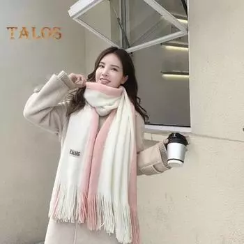 Зимний женский шарф, толстый, теплый, длинный и широкий, в цвет пэчворка, ветрозащитный, с кисточками, декоративный, противоусадочный, сохраняющий тепло, наружный шейный платок розовый