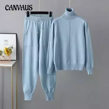 Зимний женский свитер, комплект, повседневный модный однотонный свитер с высоким воротом, вязаный комплект из двух предметов One Size красный