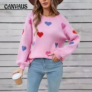 Зимний женский свитер Love Valentine s Day Круглый вырез свитер с персиковым сердечком L розовый