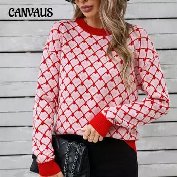 Зимний женский свитер Love Valentine s Day Pullover Peach Heart Color Clash Sweater S красный