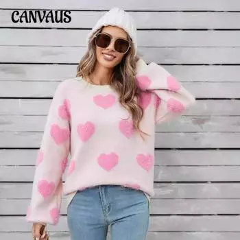Зимний женский свитер Love Valentine s Day Pullover Large Peach Heart Color Clash Sweater S розовый