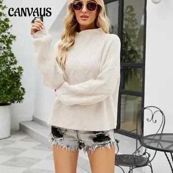 Зимний женский свитер, модный однотонный вязаный свободный пуловер с пуговицами и высоким воротом, свитер S слоновая кость
